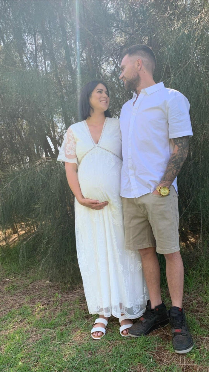 PinkBlush White Lace Mesh Overlay Maternity Maxi dress