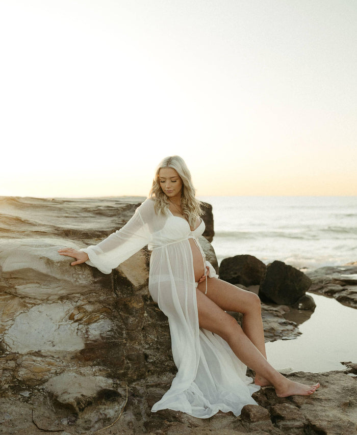 French Seam Finish Craftsmanship Maternity Dress Hire - Robed.Co Sheer White Robe - Tall