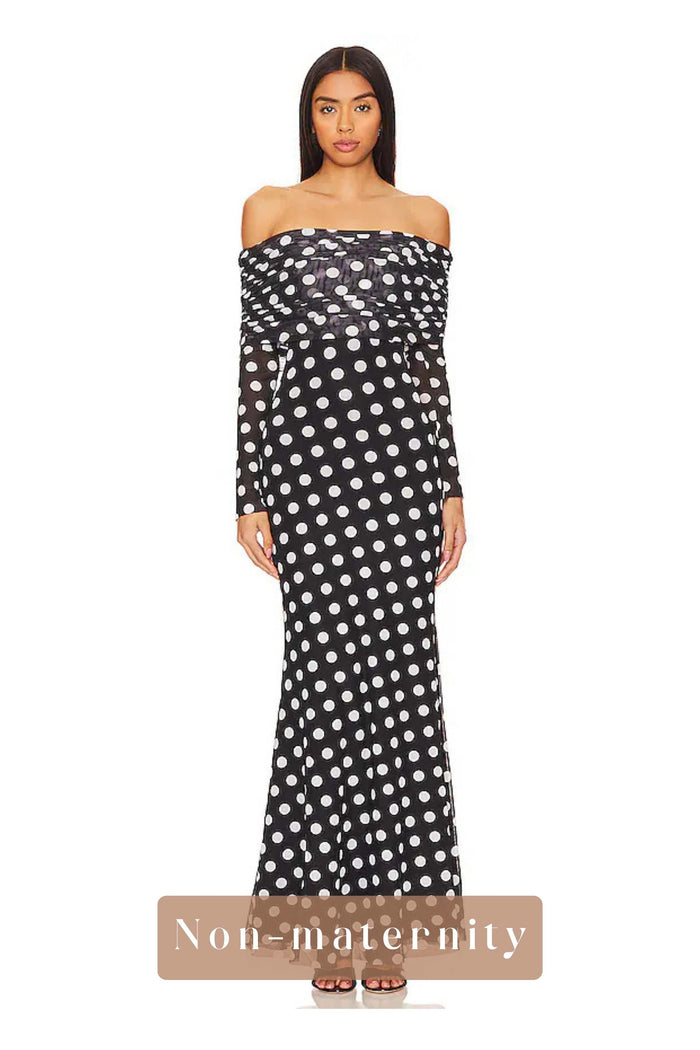 A lady wearing the Mama Rentals AFRM Thelma Off Shoulder Mesh Maxi Dress - Black in a white background.