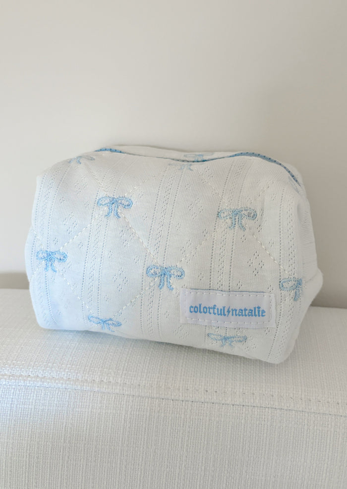 Blue Bows Small Embroidered Makeup Bag