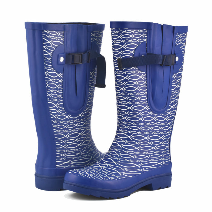Blue waterproof wide calf boots with  fish design – great for festivals and walks