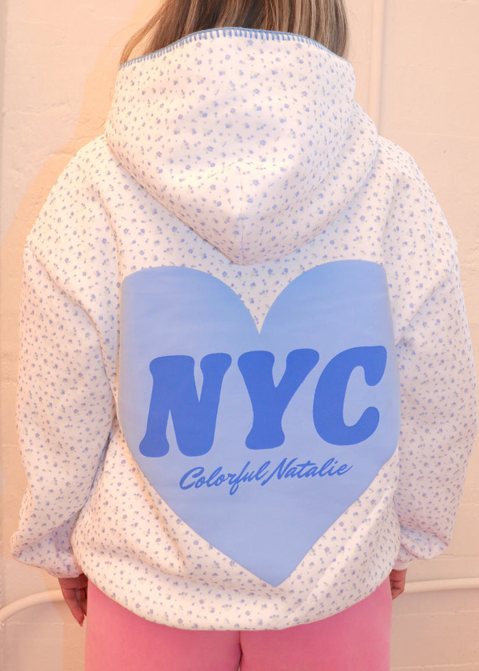 Blue Floral Heart Puff Hoodie