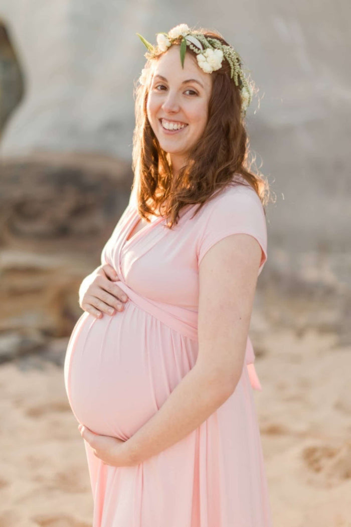 Chelsea Cotton Maternity Maxi Dress - Blush Pink: V-Neckline Maternity Dress Hire - Baby Shower Dress Hire Australia - Silky and Breathable Maternity Dress Hire Australia - Maternity Photoshoot Dress Australia - Maternity Dress Hire with adjustable back tie - Bump Friendly Dress Australia - Size L Maternity Dress Hire