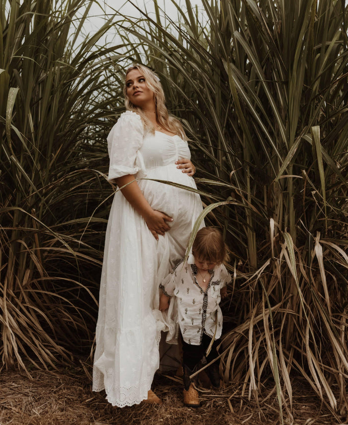 Feminine Beauty Maternity Dress Hire - Coven & Co Starlight Gown - White - Star Embroideries - Fully Lined