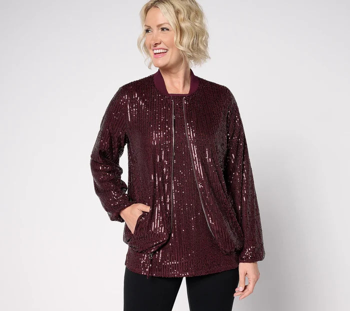 Dress For Joy Zip Up Sequin Bomber Jacket