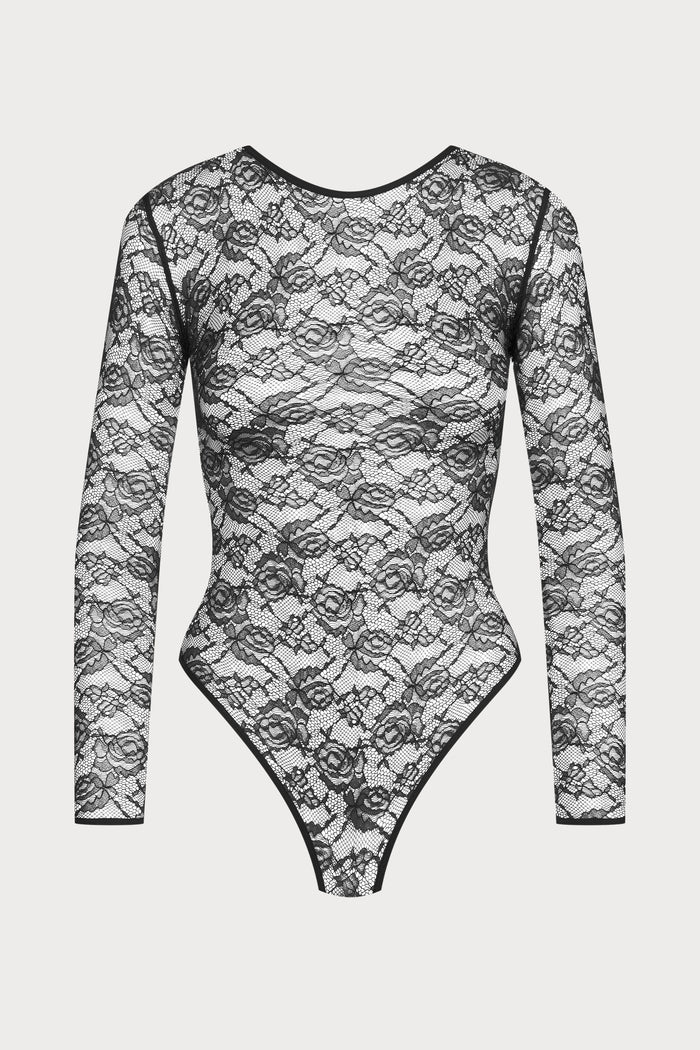 Maison Close Flashback Long Sleeve Lace Thong Bodysuit Black