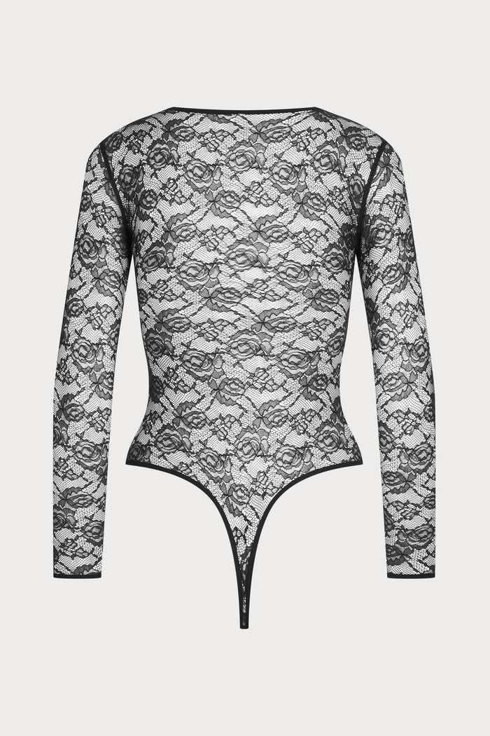 Maison Close Flashback Long Sleeve Lace Thong Bodysuit Black