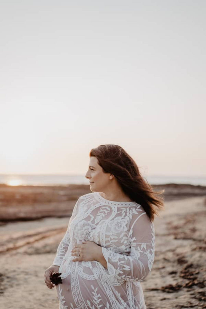 Lace Maternity Dress Hire - Fleur ivory lace maxi, Perfect for Photoshoots and Baby Showers