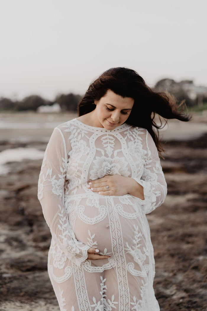 Crochet Floral Embroidery Maternity Dress Hire - Fleur Ivory Lace Maxi for Rent, Maxi Length