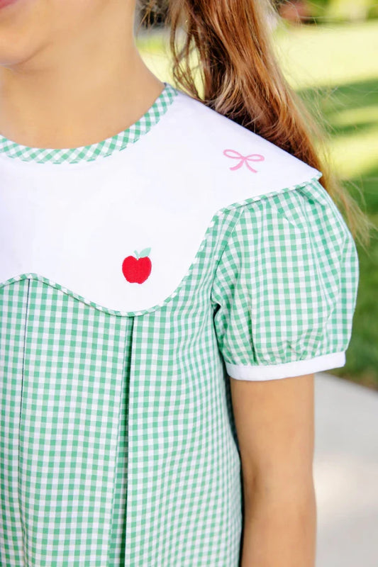 Frenchy Frock - Gibson Island Green Mini Gingham with Apple & Bow Embroidery