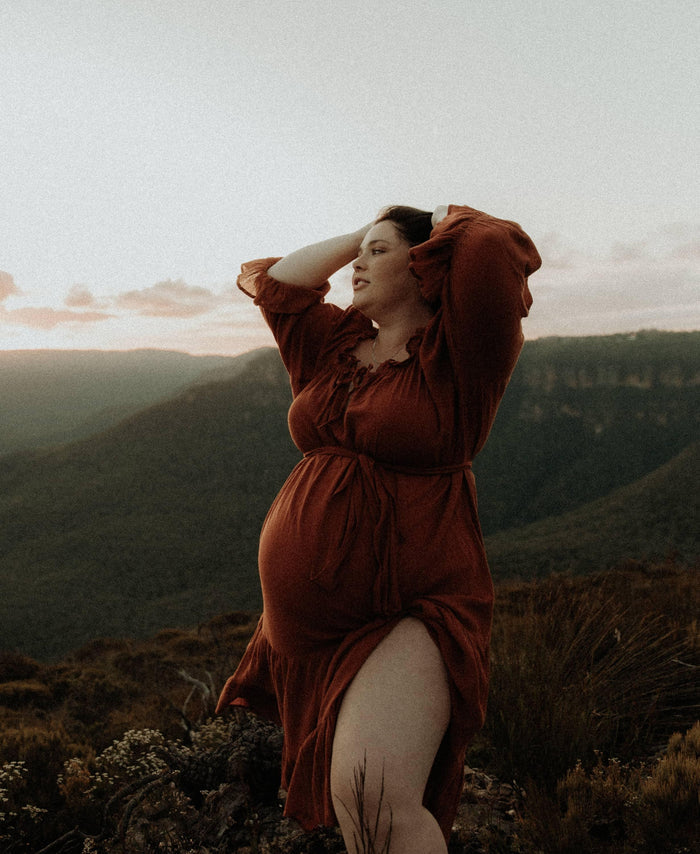 Hazel & Folk Emmaline Maxi Gown - Cinnamon - One Size Hire - Vintage Style - Light Rust Color - 100% Cotton - Nude Strapless Slip Recommended