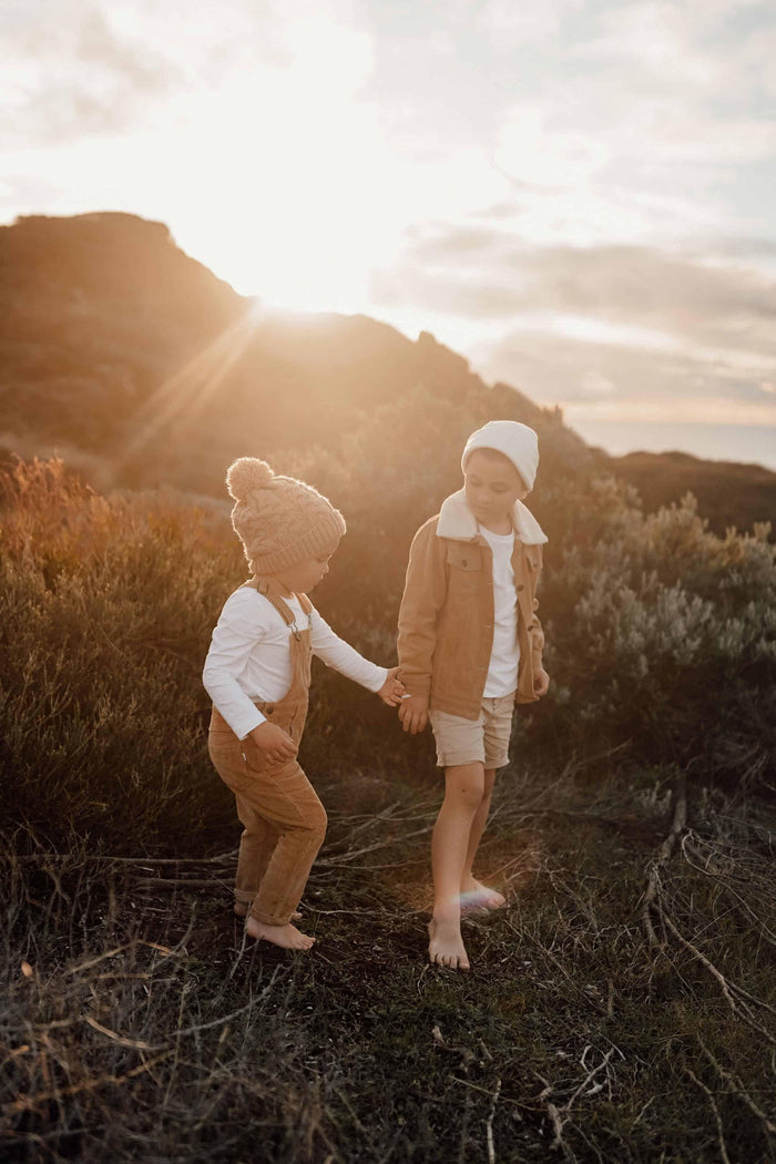 Barley-coloured kids' overall outfit for boys Australia: Jamie Kay Jordie Overall - Barley for special occasions -  Boy Outfits For Hire - Brown Overall Outfit for Boys Australia