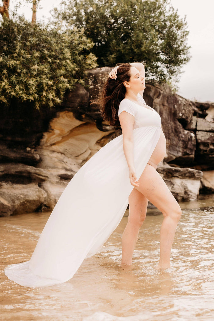 Kiara Split Front Maternity Maxi Dress - Ivory - Stretchy Jersey Material Maternity Dress Hire - Ivory Dress Maternity Dress Hire Australia