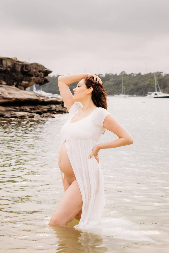 Kiara Split Front Maternity Maxi Dress - Ivory - Off the shoulder Maternity Dress Hire Australia - Size L Maternity Dress Hire
