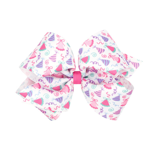 King Birthday Hat Print Grosgrain Hair Bow