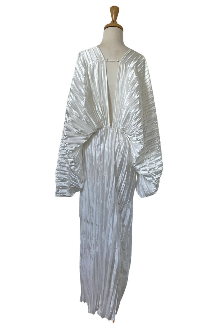 Flattering High Waist Maternity Gown - L’idée De Luxe Gown - Metallic White - Red Carpet Maternity Dress For Hire - Rear Zip Closure Maternity Gown - Luxurious Pleated Polyester Gown - Event-Ready Maternity Gown - Glamorous Maternity Dress Hire - Size L Maternity Dress Hire