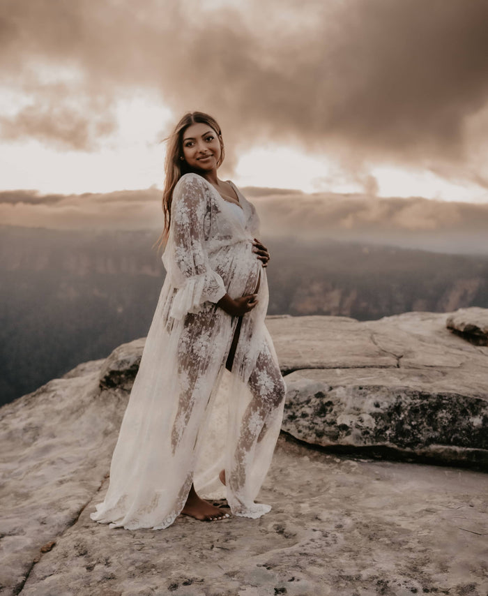 Stunning V-Neckline Maternity Dress Hire: Lola Ivory Lace Maternity Maxi Dress