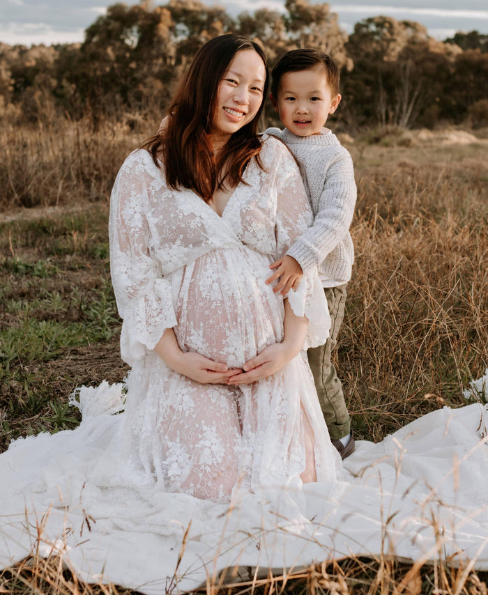 Elegant Split Long Hem Maternity Dress Hire: Lola Ivory Lace Maternity Maxi Dress