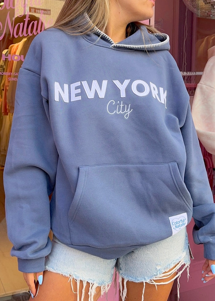 New York City Blue Frayed Hoodie