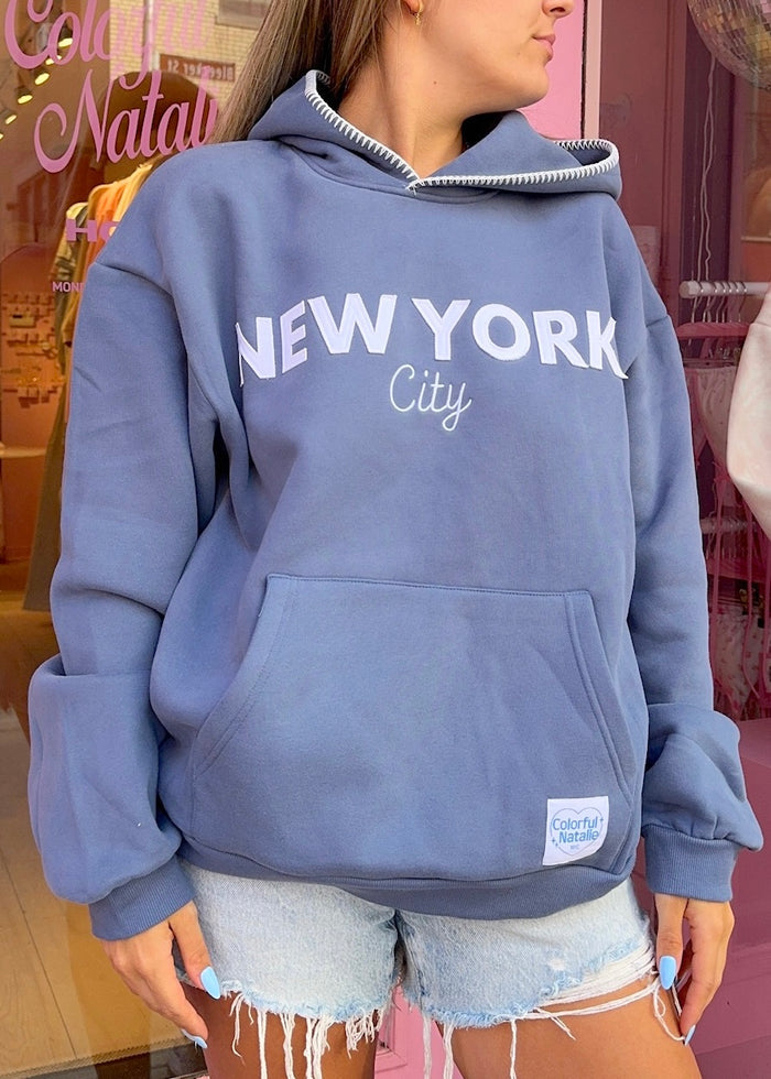 New York City Blue Frayed Hoodie