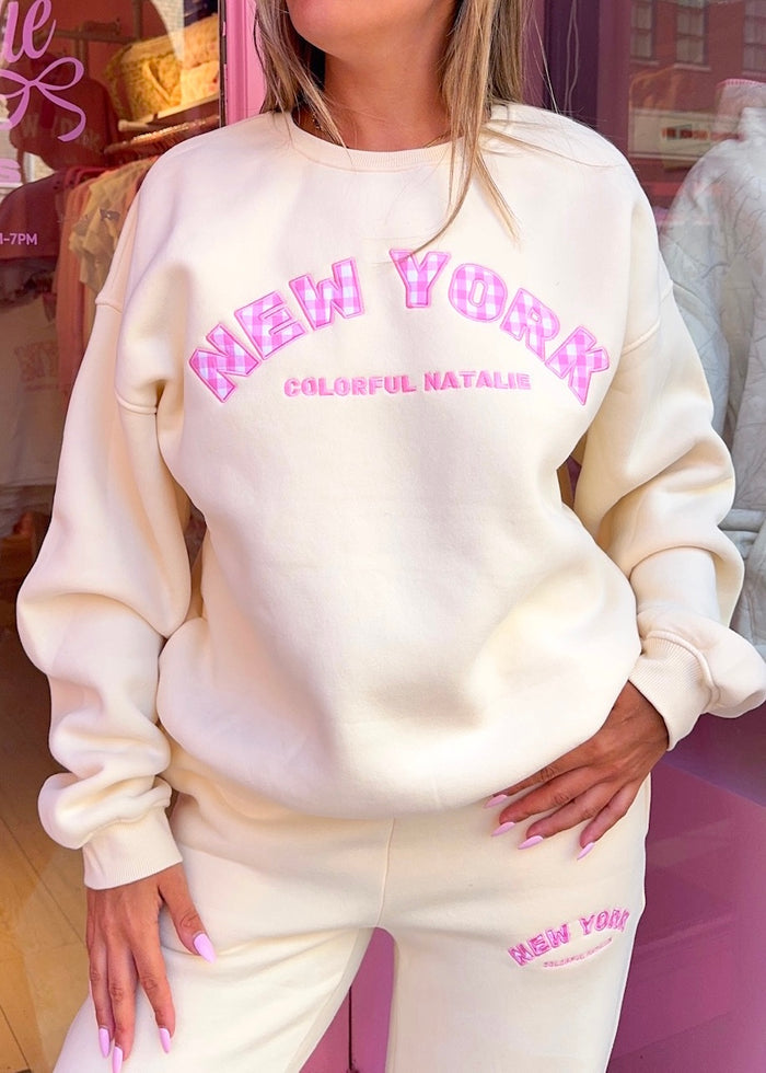 New York Cream Gingham Crewneck