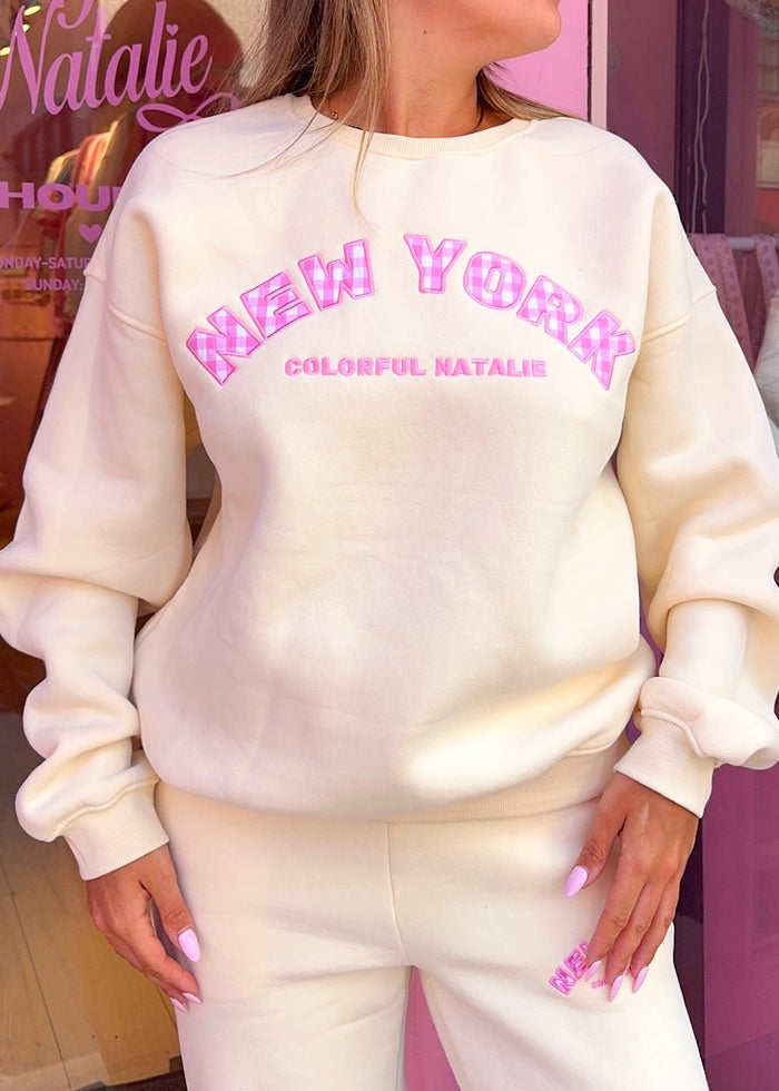 New York Cream Gingham Crewneck