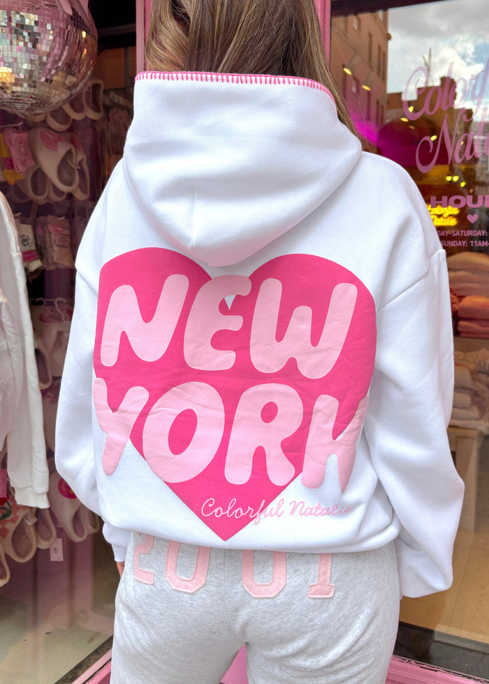 New York Heart White Stitched Puff Hoodie