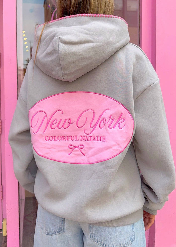 NY Pink Bow Charcoal Patch Hoodie
