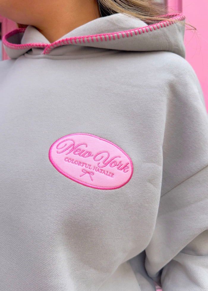 NY Pink Bow Charcoal Patch Hoodie