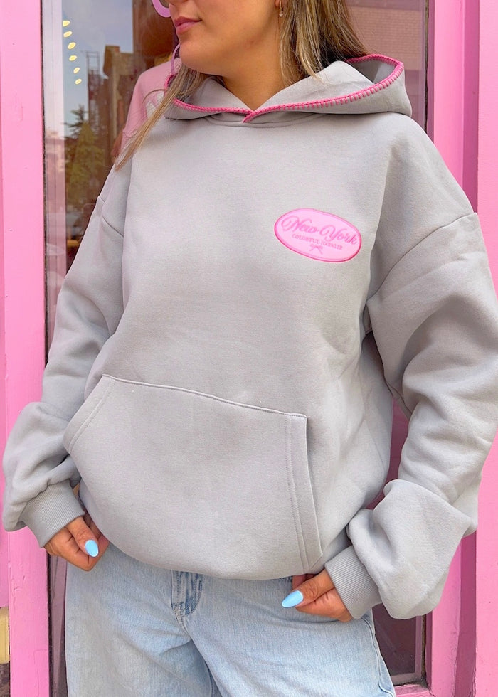 NY Pink Bow Charcoal Patch Hoodie
