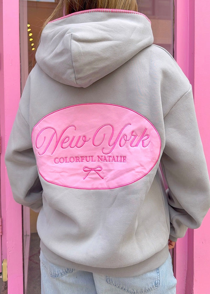 NY Pink Bow Charcoal Patch Hoodie