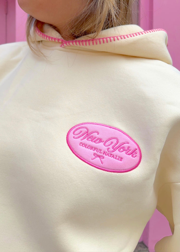 NY Pink Bow Cream Patch Hoodie