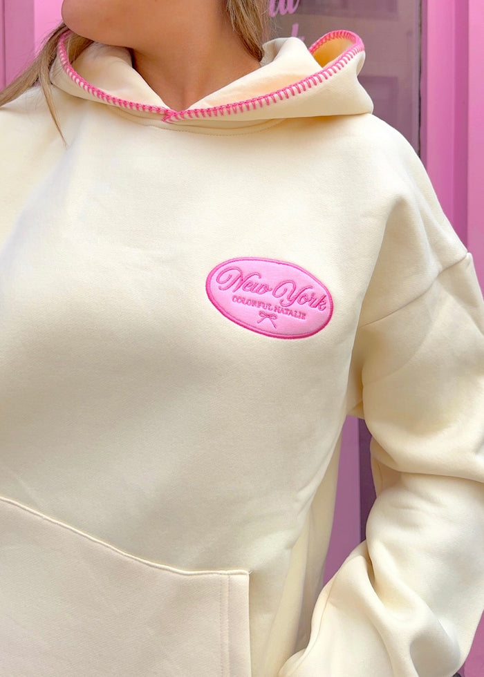 NY Pink Bow Cream Patch Hoodie