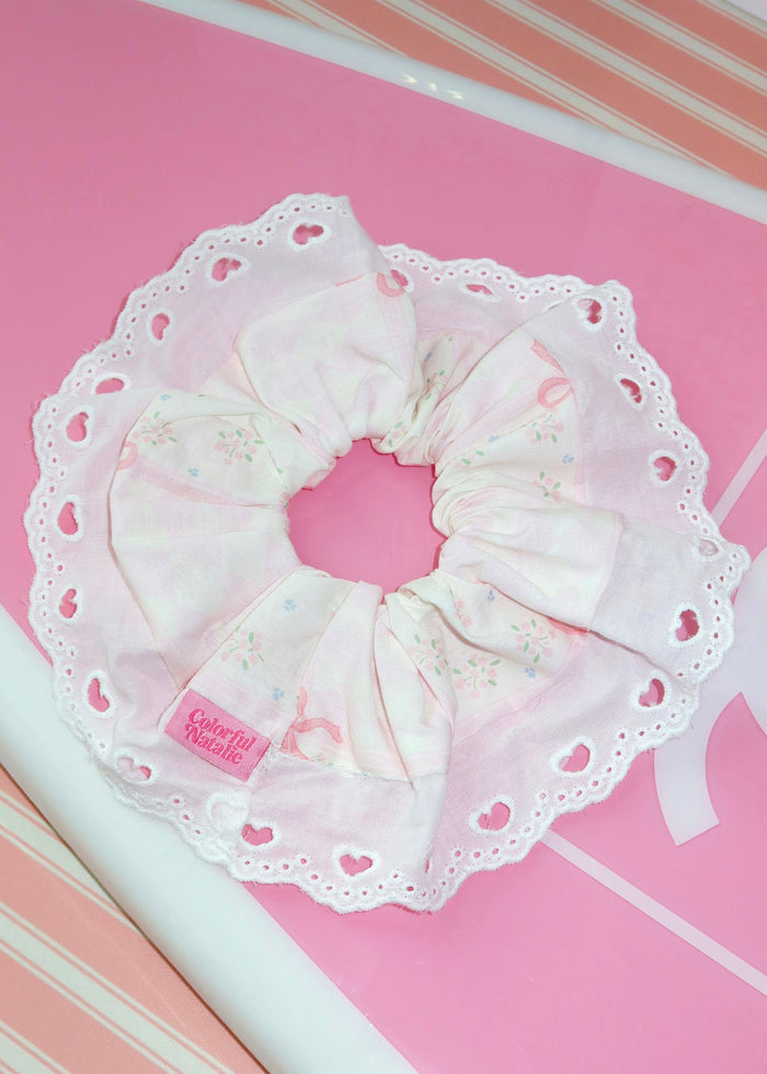 Pink Bow Quilted Lace Scrunchie