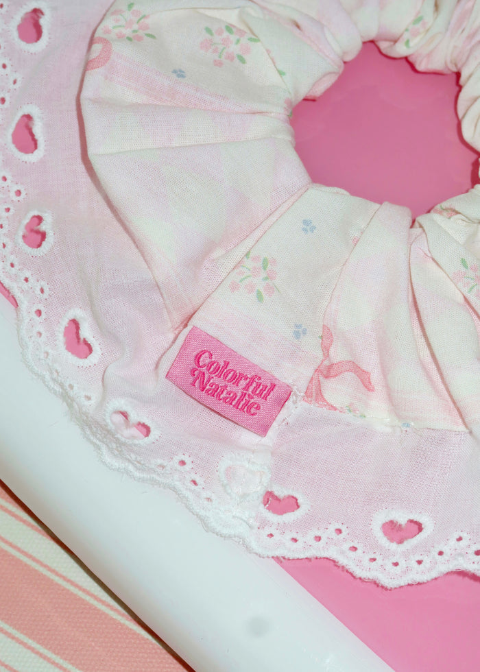 Pink Bow Quilted Lace Scrunchie