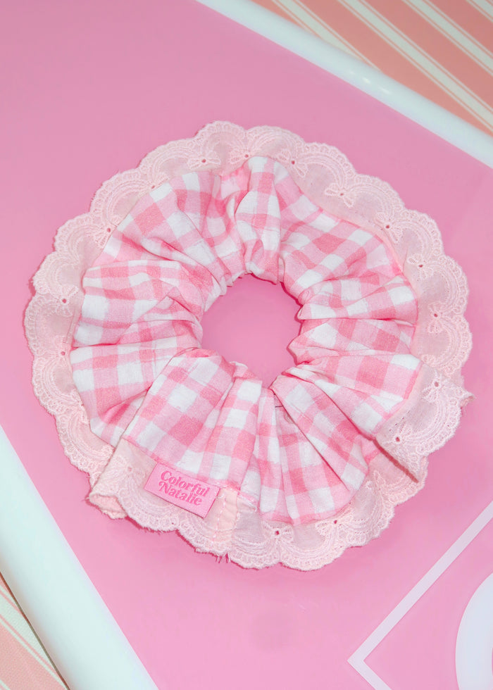 Pink Gingham Lace Scrunchie