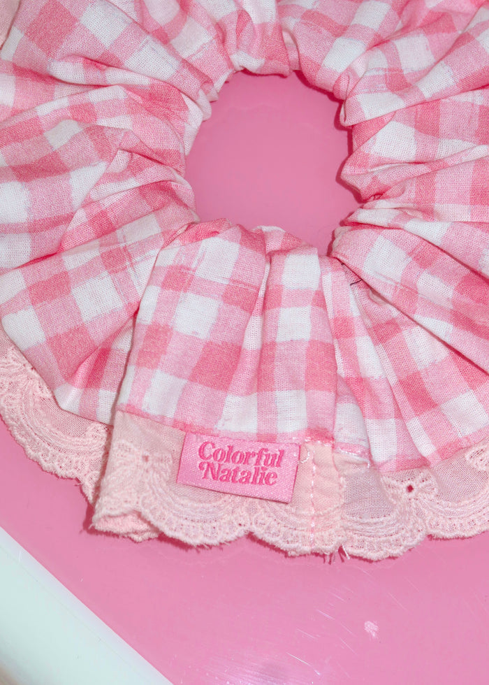 Pink Gingham Lace Scrunchie