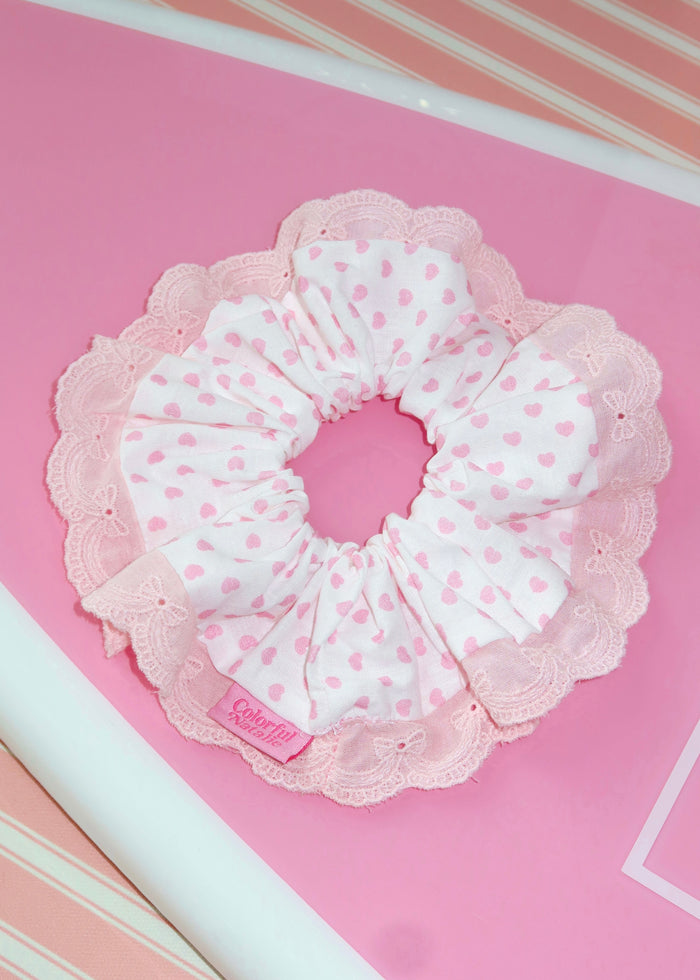 Pink Hearts Lace Scrunchie