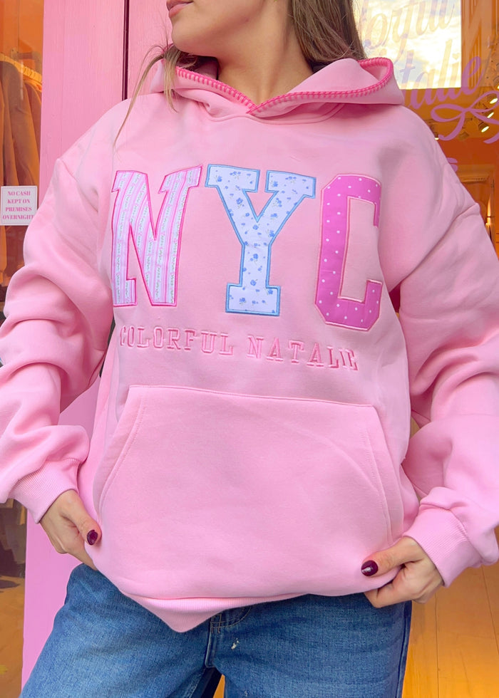 Pink Patterns Embroidered NYC Hoodie