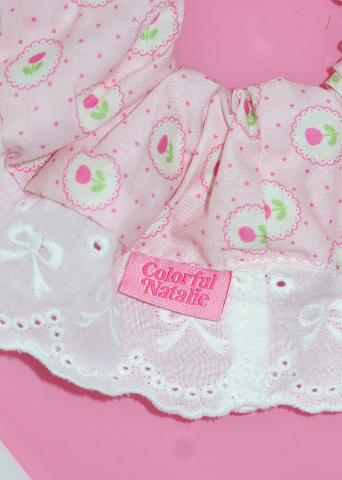 Pink Tulip Bows Lace Scrunchie