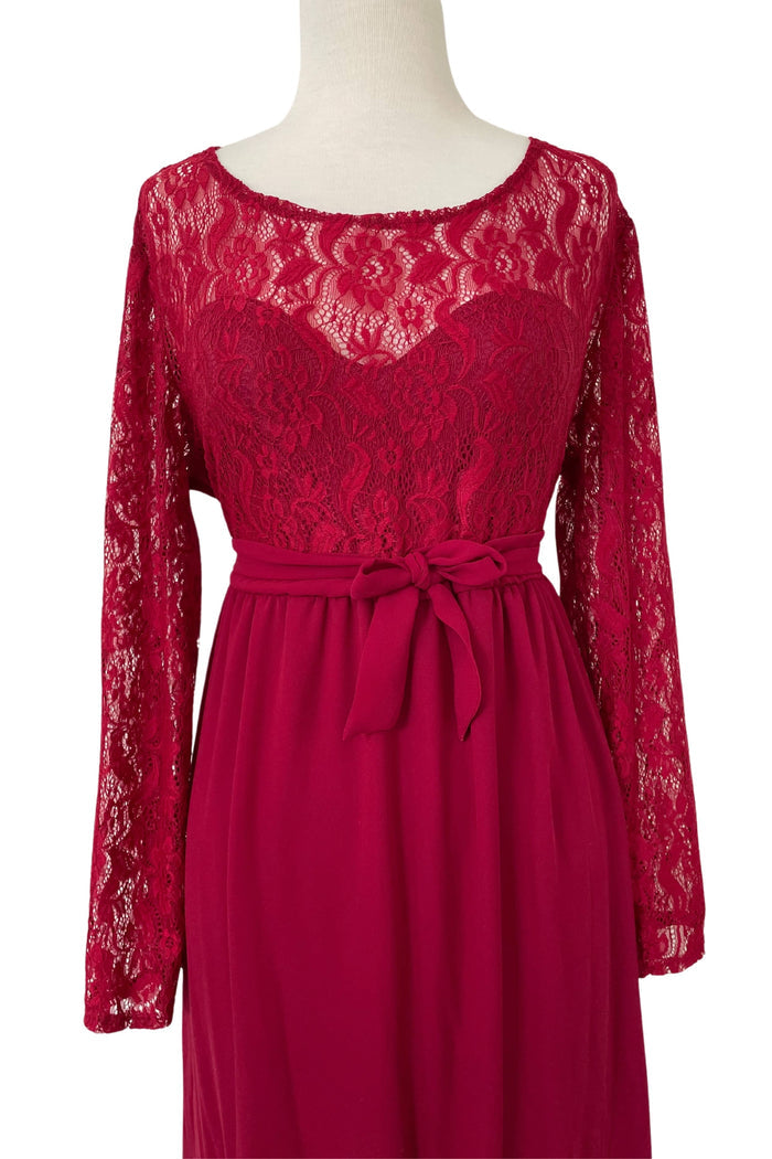Warm and Stylish Three-Quarter Sleeve  Lace Maternity Gown - Scarlett Lace Maternity Maxi Dress - Crimson Red - Maternity Dress Hire