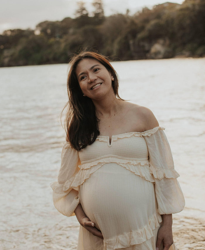 Shirred Delight Cream Maternity Dress Hire - Spell Clementine Mermaid Midi Dress