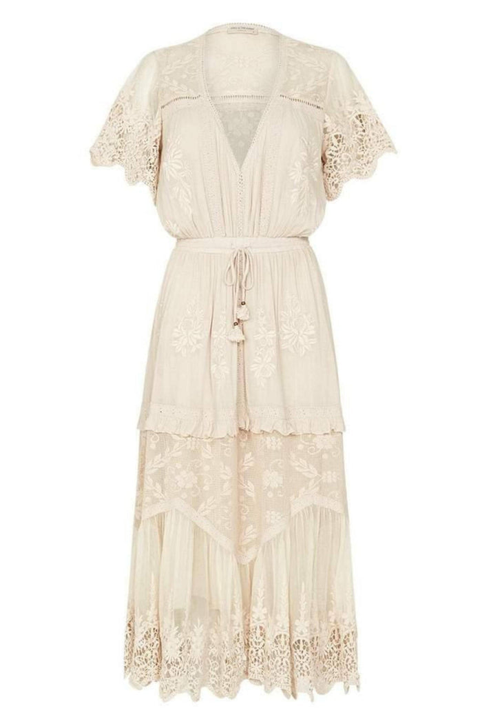 Spell Maggie Embroidered Midi Dress: Lined Maternity Dress Hire - Dress with Elastic Drawstring Waist - V Neckline Maternity Dress Australia