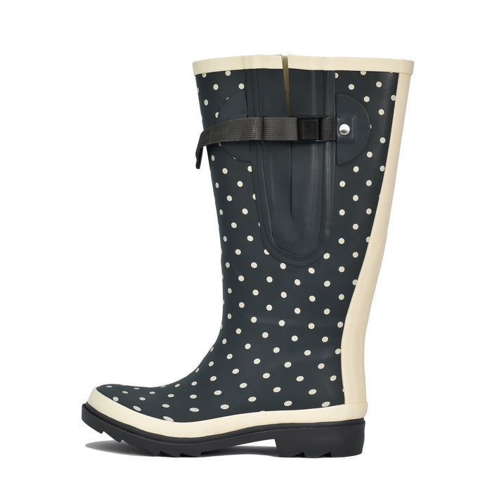 Charcoal grey wellies with white trim and spots