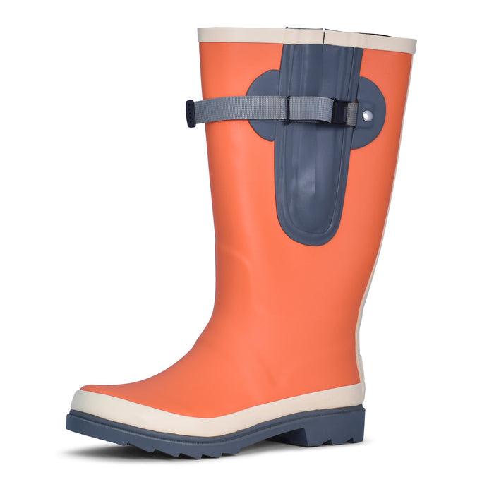 Orange wide calf Wellington boots for women