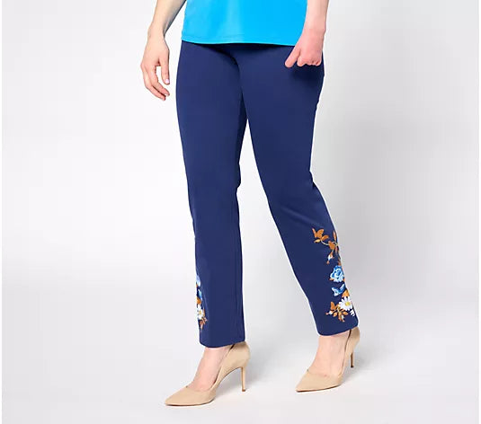 Tummy Control Regular Denim Pants with Embroidery