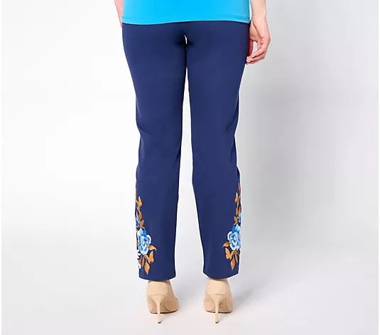 Tummy Control Regular Denim Pants with Embroidery