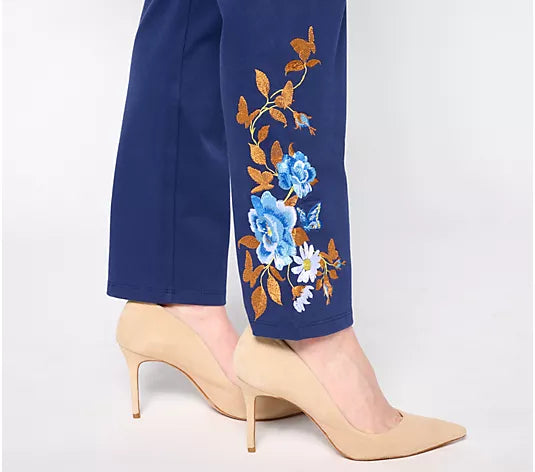 Tummy Control Regular Denim Pants with Embroidery