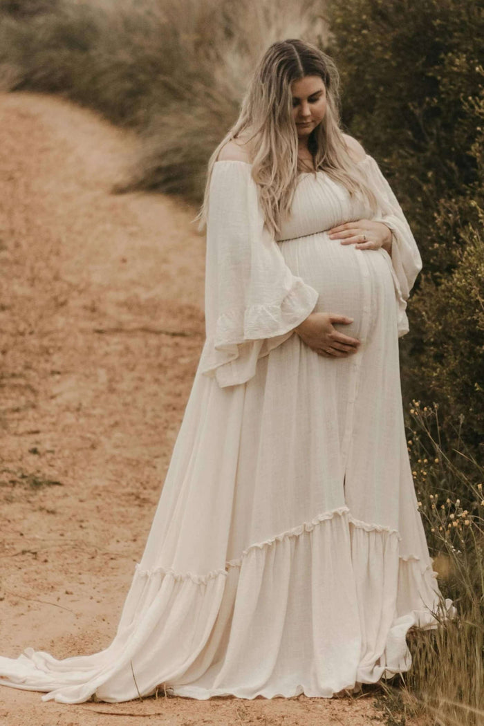 Maternity Dress Hire - Beige Open Gown - Made of linen gauze, one size fits Aus 8-22, elasticated waist and shoulder for a comfortable fit.