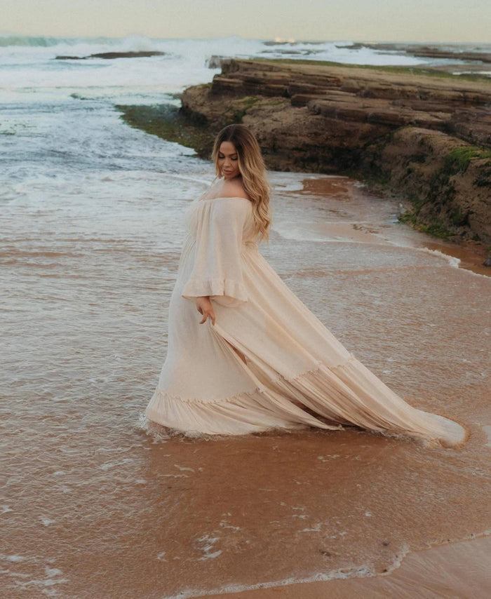 Family Photoshoot Dress Hire - We Are Reclamation Ruffle Me Open Gown - Unlined, pair with our Nude Strapless Slip if desired, breastfeeding and plus-size friendly.